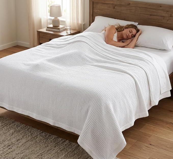 TreeWool Premium 100% Cotton Waffle Queen Blanket (90"x90", White) | Breathable Lightweight Moisture Wicking Soft Knit Thermal Blanket for Summer, Bed or Sofa All-season Comfort Machine Washable