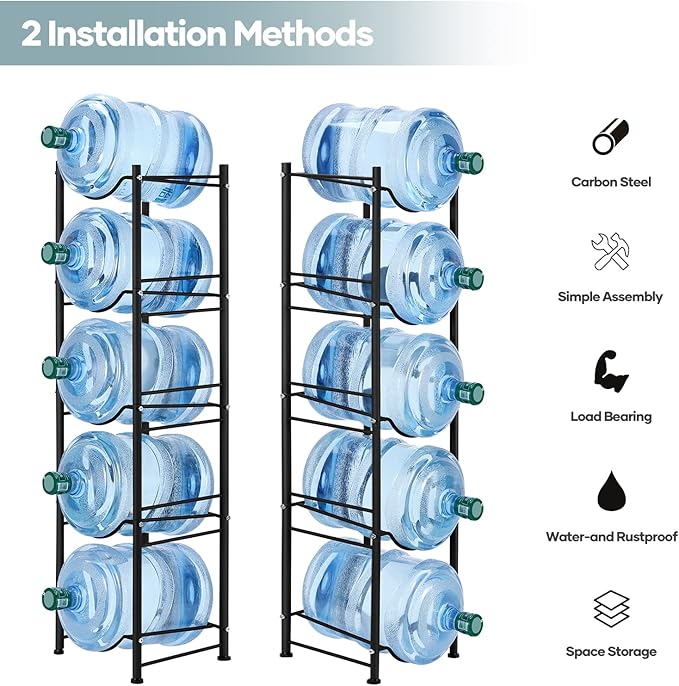 MOOACE 5 Gallon Water Jug Holder, 5 Tier Heavy Duty Water Cooler Jug Storage Rack, Detachable Water Dispenser Stand, Water Bottle Holder Organizer, Black