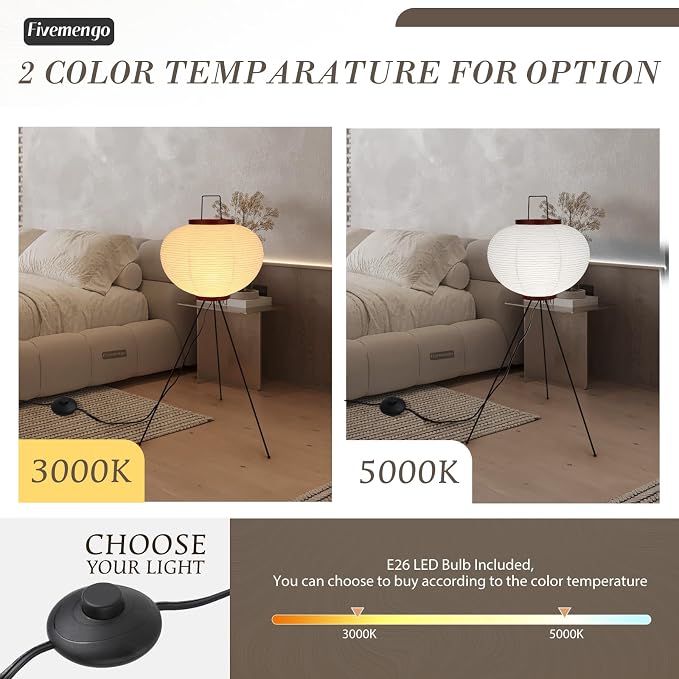Japanese Rice Paper Floor Lamp, Cozy Paper Lamp Japandi Lantern Lights Wabi Sabi Style for Living Room Bedroom Office, 43 Inch Tripod Stand, White Lantern with E26 LED Bulb, 3000K/5000K