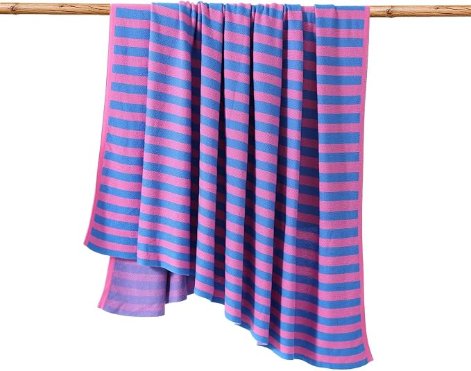 BOV Knitted Throw Blanket - 100% Viscose Super Soft Breathable Comfy Decorative Throw Blanket for Chair Couch Sofa Bed, Perfect Self Care Gifts for Women, Fuchsia & Azure Stripe 50"x60"