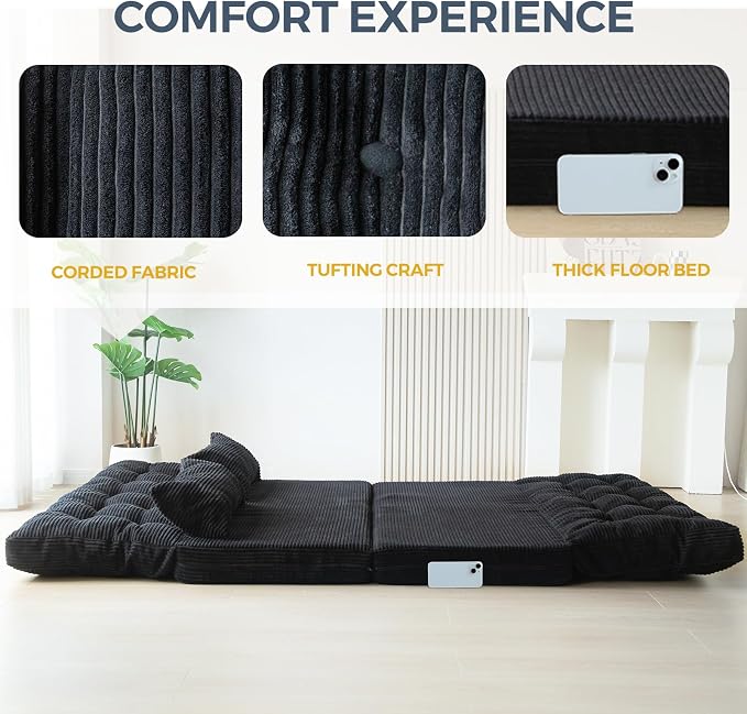 MAXYOYO Folding Sofa Bed, Tufted Bean Bag Bed with Pillows Floor Couch for Adults, Extra Thick and Long Floor Sofa, Full Floor Couch Bed for Bedroom Living Room, Black, 54x91 Inch