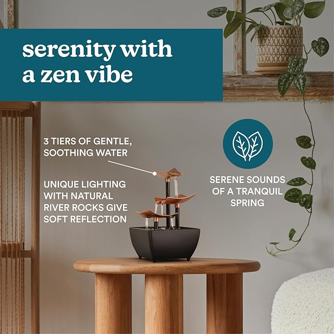 Homedics Tabletop Water Fountain, 3 Tier Indoor Waterfall Fountain with Natural River Rocks, Quiet Pump for Relaxation, Zen Home & Office Desk Décor, AA Battery Powered