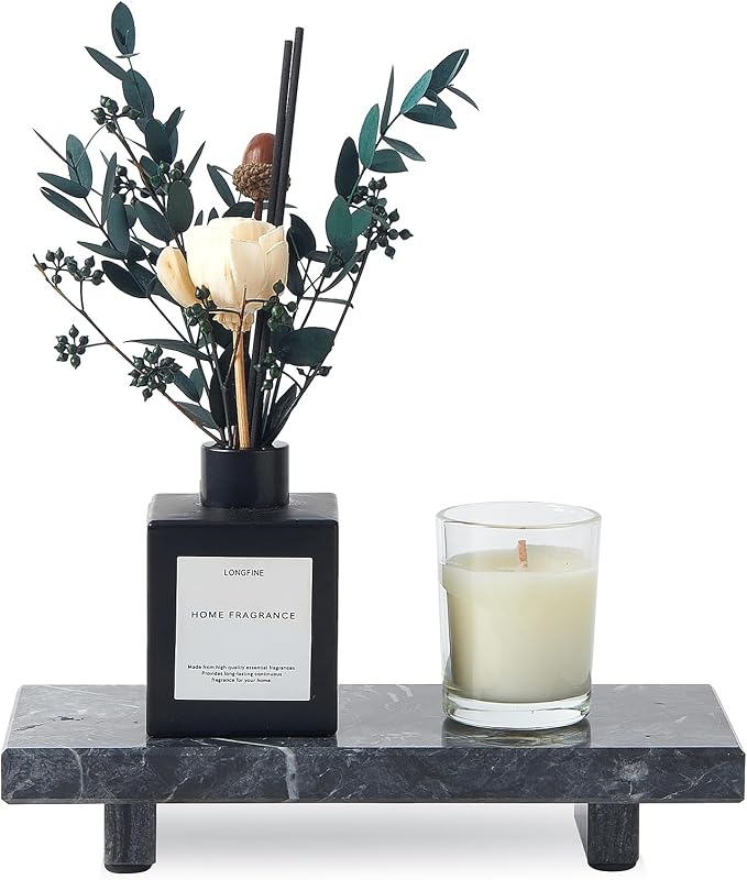 Natural Marble Tray Pedestal Stand – Soap & Jewelry Riser for Bathroom Counter, Kitchen Sink, Vanity Organizer, Decorative Stone Catchall for Perfume, Candles (Black, 8.7" x 4" x 1.6")