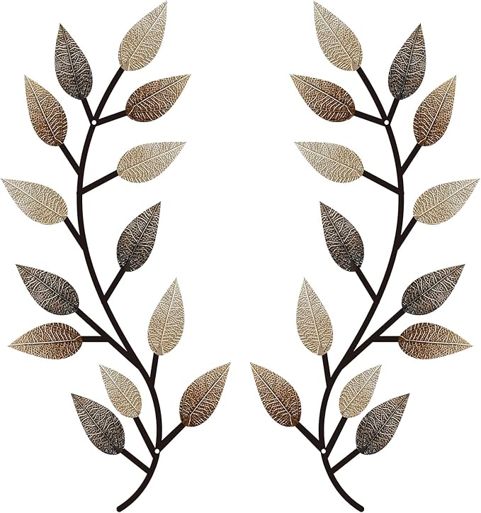 Zhengmy 2 Pieces Metal Tree Leaf Wall Decor Vine Olive Branch Leaf Wall Art Living Room, Hallway Wall Decor Outdoor Decoration(Vintage Brown)