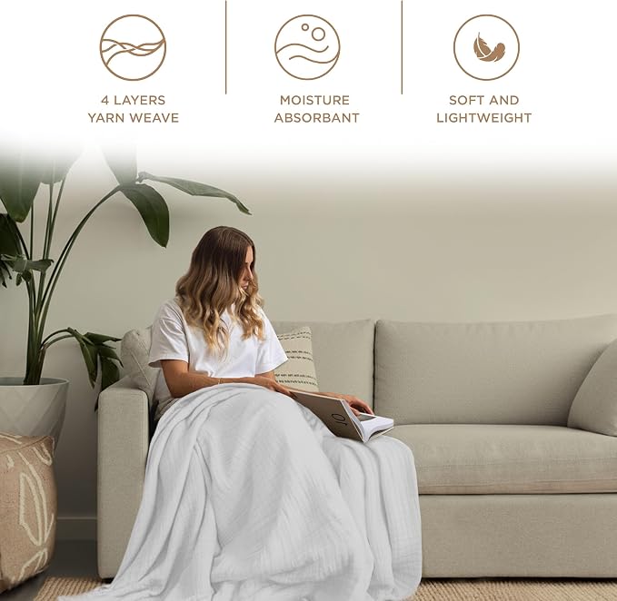 Threadmill Muslin Throw Blanket | 4 Layer 100% Cotton Gauze | Lightweight, Breathable, and Soft All Season Blanket | 50 x 65 Cozy Throw for Sofa, Couch & Bed | White