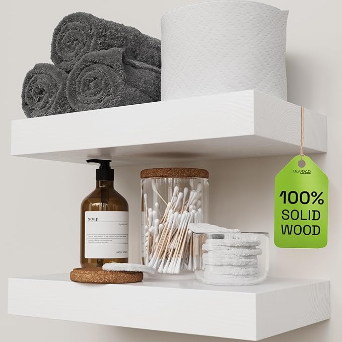 Solid Wood Floating Shelves for Wall 12 Inch White, Small Wooden Shelf | Real Wood, Wall Mounted, Thick, Rustic, Bedroom Kitchen Bathroom Living Room, White Finish, 12W × 6.7D, Set of 2
