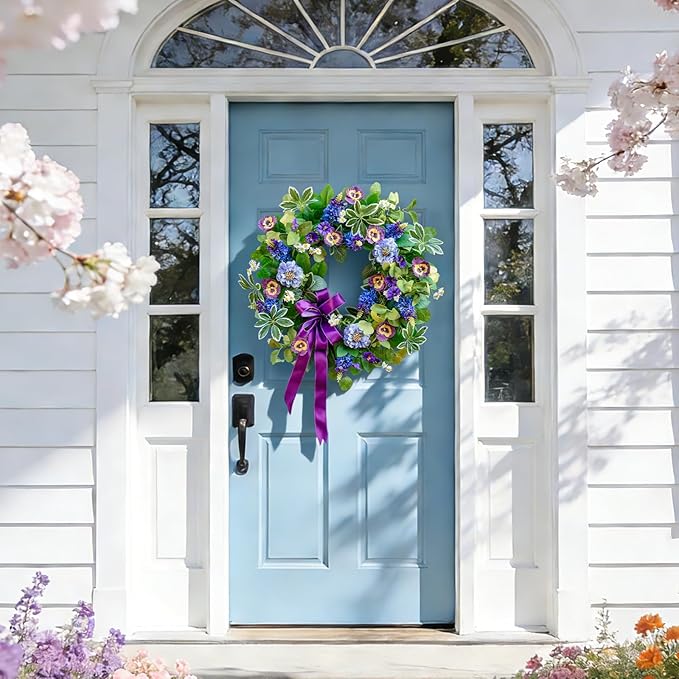 Spring Summer Wreaths for Front Door 24 Inch, Outdoor Summer Wreath with Pansy, Hydrangea & Floral Accents, Spring Wreath for Front Door Outside, Summer Wreaths Front Door for Home Decor