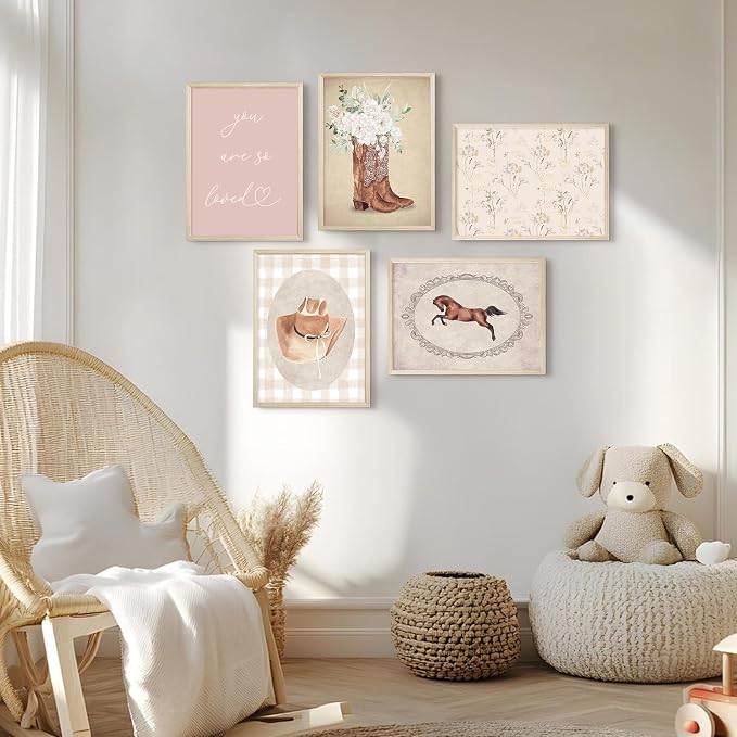 Cowgirl Nursery Wall Art Coquette Western Girl Poster Vintage Horse Floral Canvas Pictures Aesthetic Pink Preppy Room Wall Decor Rustic Cowgirl Prints for Girls Bedroom 12x16x5 Inch Wood Framed