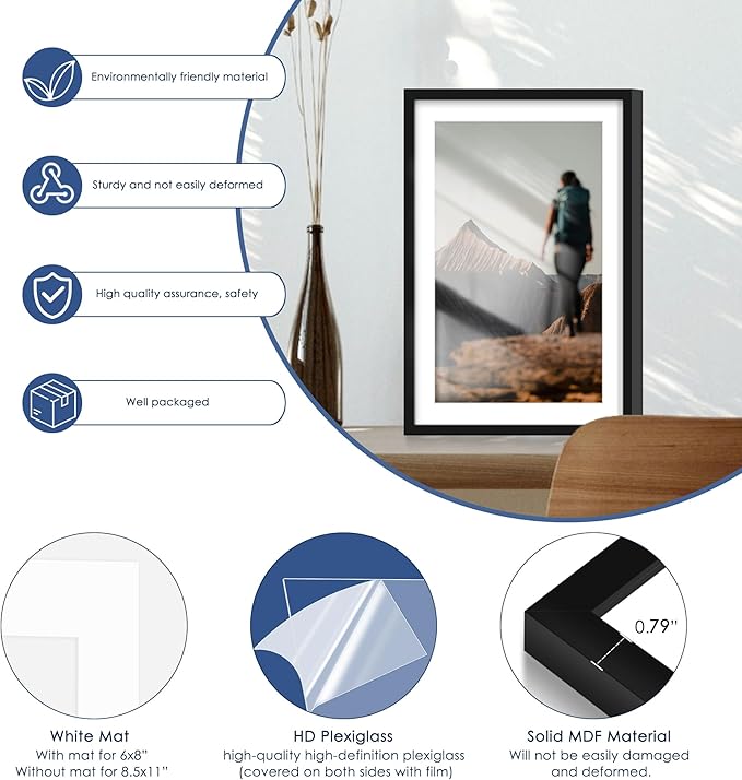 PEALSN 13x19 Picture Frame Set of 6, Display Pictures 11 x 17 with Mat or 13 x 19 without Mat for Wall Mounting Display, Poster Frames Collage for Wall Decor, Black.