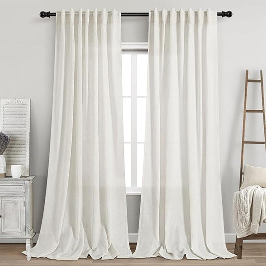 Nanspring Beige White Linen Curtains for Living Room 92 Inches Long Back Tab and Rod Pocket Light Filtering Semi Sheer Curtain Rustic Farmhouse Decor Luxury Drapes for Bedroom Office 52x92, 2 Panels