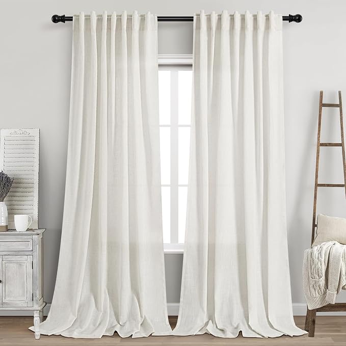 Nanspring Beige White Linen Curtains for Living Room 94 Inches Long Back Tab and Rod Pocket Light Filtering Semi Sheer Curtain Rustic Farmhouse Decor Luxury Drapes for Bedroom Office 52x94, 2 Panels