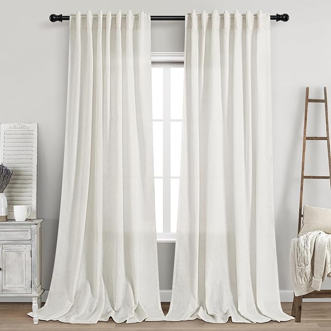 Nanspring Beige White Linen Curtains for Living Room 95 Inches Long Back Tab and Rod Pocket Light Filtering Semi Sheer Curtain Rustic Farmhouse Decor Luxury Drapes for Bedroom Office 52x95, 2 Panels