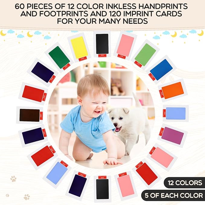 Jetec 60 Set Inkless Baby Footprint and Handprint Kit, Clean Touch Ink Pad for Baby Hand and Footprints, Dog Paw Print Kit with Ink Pads and Imprint Cards for Newborns Babies Pets Gifts (12 Colors)