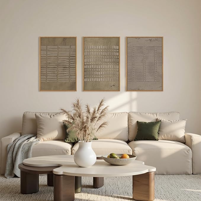 Large Abstract Brown Beige Framed Canvas Wall Art,Modern Lines Dots Wall Decor,Boho Neutral Minimalist Artwork,Mid Century Geometric Art Print for Living Room,Bedroom,Office- 16"x24"x3