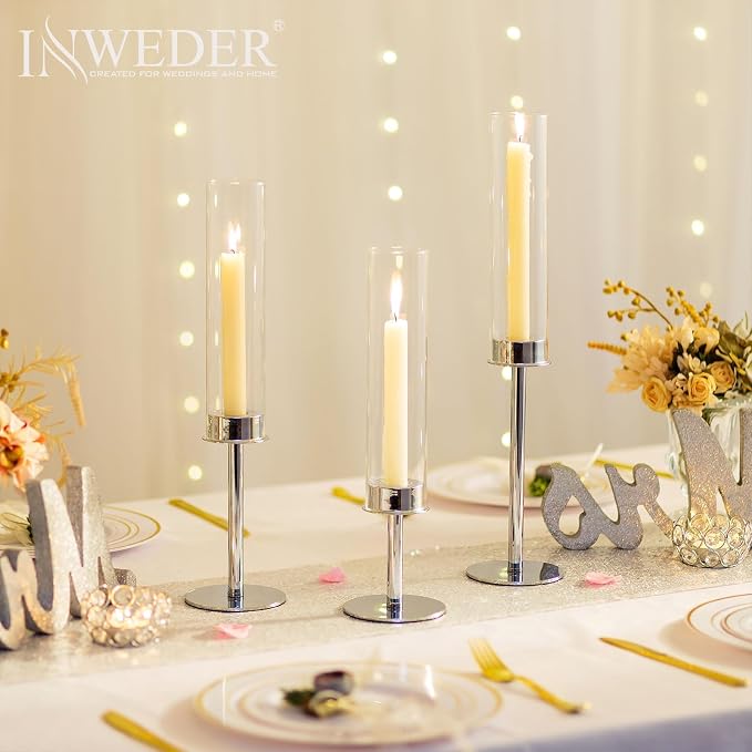Silver Candle Holders for Candlesticks - Taper Candle Holders with Removable Glass, Tall Silver Candlestick Holders, Candle Stand Candle Sticks Long Holder for Table Centerpiece, Home, 18Pcs