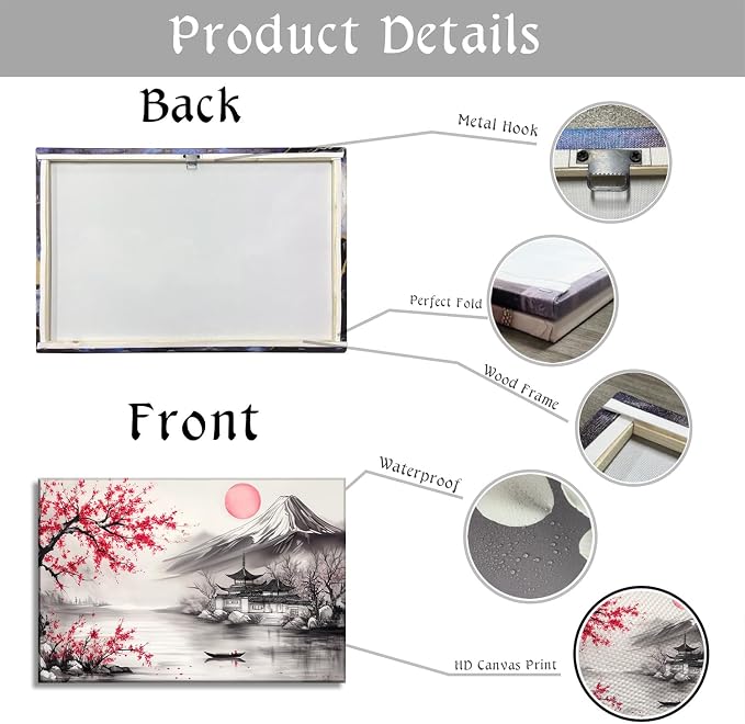 Japanese Wall Art Asian Landscape Watercolor Canvas Prints Red and Black Cherry Blossom Trees Picture Vintage Painting for Living Room Home Office Wall Decor Framed - 12.00x18.00 inch