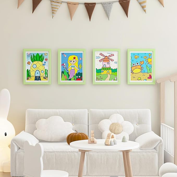 KINLINK 9x12 Kids Art Frame Set of 2, Solid Wood Kids Artwork Frames Changeable with Front Opening Hold 150 Pictures, Art Frames for Kids Art with Mat，without Mat 9x12 Picture Frame Green