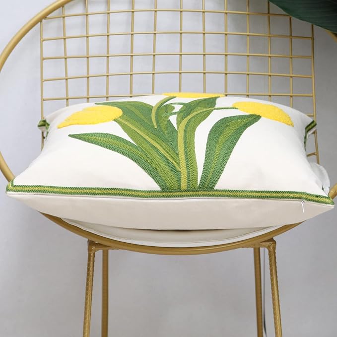 Pack of 2 Embroidered Decorative Throw Pillow Cover 18x18 Inch Farmhouse Floral Pillowcase for Living Room Sofa Bed (Yellow Tulip)