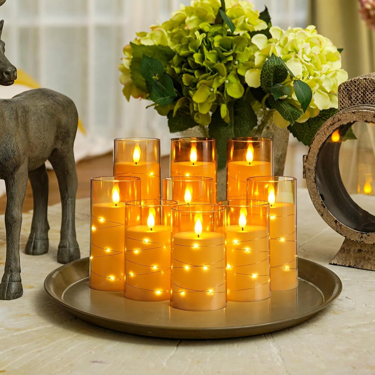 Homemory 9 Pcs Flameless Candles with Embedded Star String Fairy Lights, Battery Operated Candles, LED Candle, Fake Candles with Remote Control and Timer (Gold)