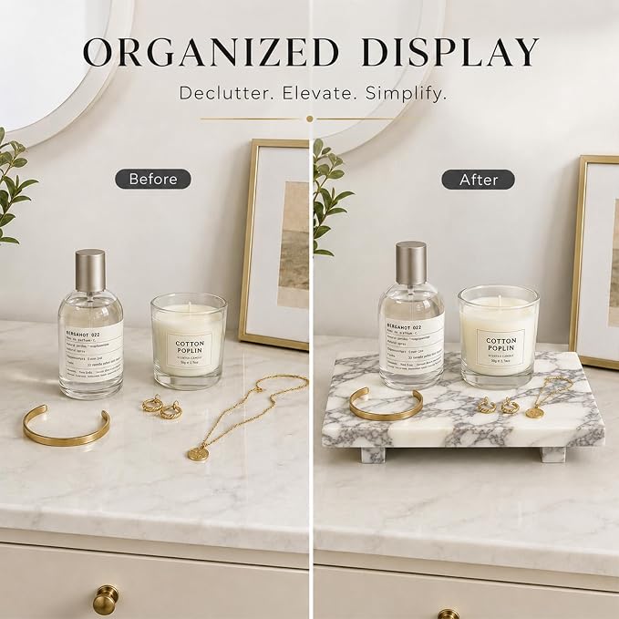 Marble Pedestal Tray for Perfume, Jewelry & Vanity Organizers | 9.84 in Calacatta Viola Stone Decorative Tray for Bathroom Counter Decor and Dresser Display