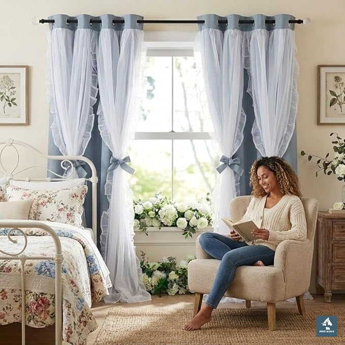 PONY DANCE Double Layer Curtains with Ruffle Sheer Overlay for Whimsical Forest Teen,Shabby Chic Room Darkening Drapes with Tiebacks, 52" Wide x 84" Long, Blue Haze, 2 Panels