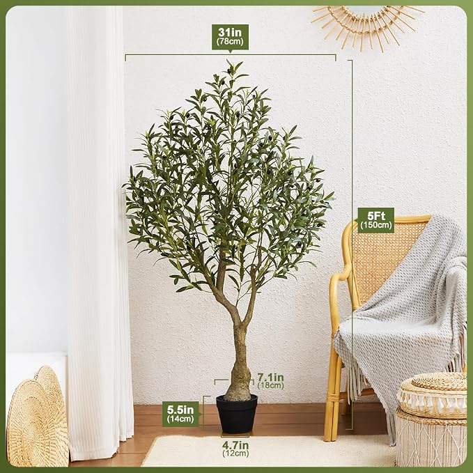 Artificial Olive Tree 5FT Fake Plants Indoor - UV Resistant Faux Olive Tree in Black Pot, Outdoor Tall Faux Silk Tree - Fake Trees for Modern Home Decor,Living Room, Office, Patio, Balcony, VN154