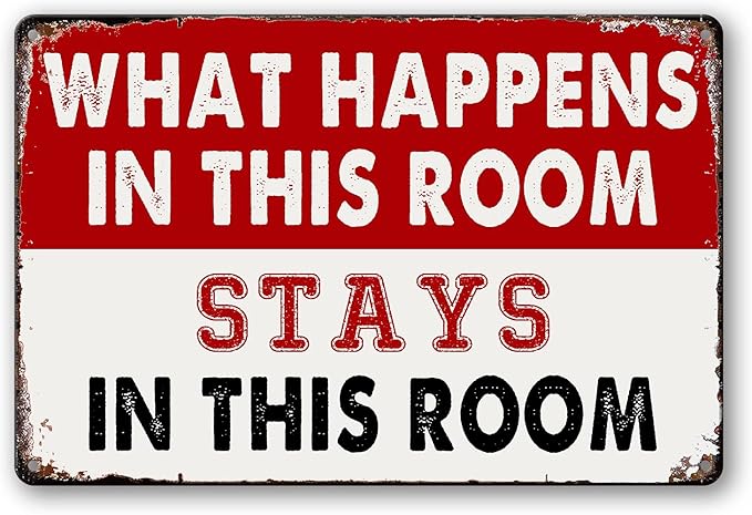 Room Signs Man Cave Wall Decor For Men Funny Metal Tin Bedroom Sign What Happens In This Room Stays In This Room Signs Vintage Dorm Door Decorations For Guys Mens Room Accessories And Signs Women Gift 8 X 12 In