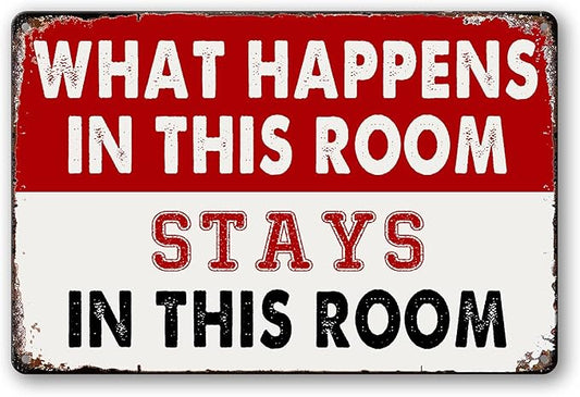 Room Signs Man Cave Wall Decor For Men Funny Metal Tin Bedroom Sign What Happens In This Room Stays In This Room Signs Vintage Dorm Door Decorations For Guys Mens Room Accessories And Signs Women Gift 8 X 12 In