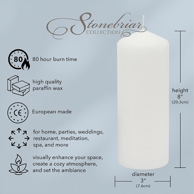 Stonebriar Tall 3 x 8 Inch 80 Hour Long Burning Unscented White Wax Pillar Candles, 3 Count (Pack of 2)