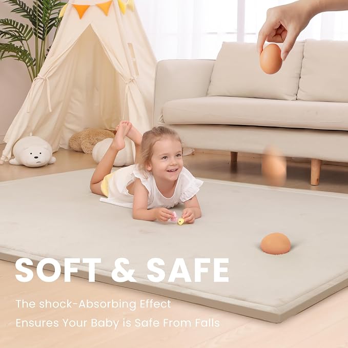 Huloo Sleep Ultra Soft Baby Play Mat for Floor,1.3" Thick Elasti-Foam 47x47 Play Mat for Playpen,Water-Repellent Coral Velvet for Tummy Time, Non-Slip Backing Safe for Toddlers & Infants（Beige）