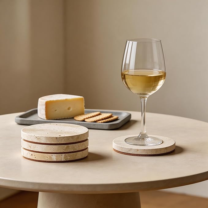 WORHE Natural Travertine Marble Coasters Set of 4-4" Round Stone Drink Coasters, Non-Slip Cork Backing, Housewarming Gift, Wedding, Protect Tables from Stains & Scratches (BD140)