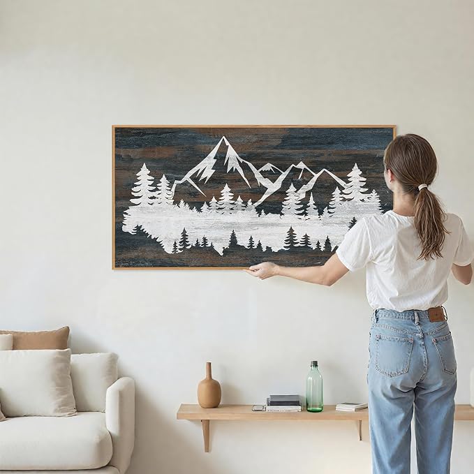 Rantodecor Vintage Mountain Framed Canvas Wall Art, White Snowy Nature Landscape Wall Decor, Rustic Wilderness Forest Art Paintings, Modern Farmhouse Artwork for Bedroom Living Room Office 40"x20"
