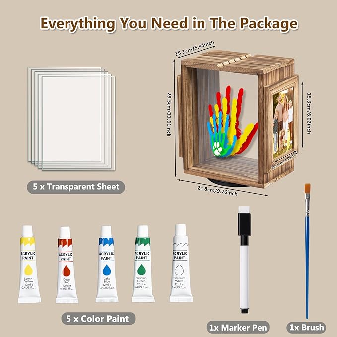 Emfogo 360 Rotating Family Handprint Kit, DIY Craft Keepsake Wooden Frame, Baby Footprint Kit, 5 Paint Colors Included, Non-Toxic Paints&Transparent Sheets, Gifts for Handprint Family Keepsake（Brown