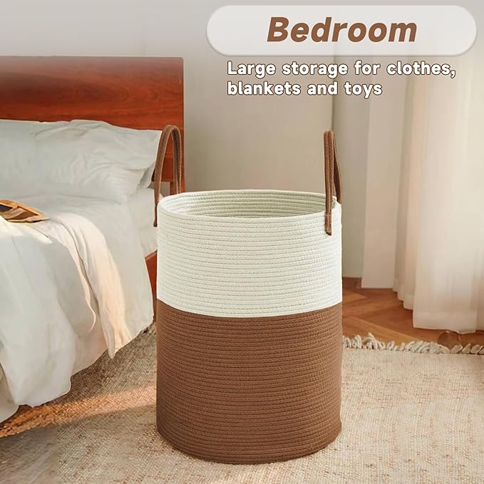 JMvicyroam Large Woven Laundry Basket Hamper,60L Cotton Rope Storage Bin for Blankets,Toys and Clothes,Decorative Tall Nursery Hamper for Living Room,Baby Nursery,Bathroom and Bedroom,White and Brown
