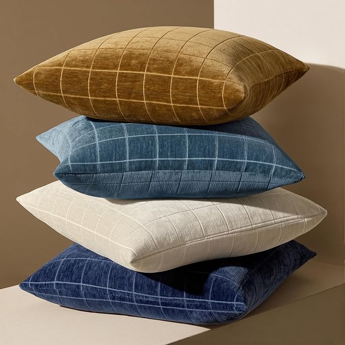 MIULEE Decorative Chenille Check Throw Pillow Covers Vintage Plaid Couch Pillows 20x20 Inch Set of 2 Neutral Boho Farmhouse Cushion Covers Modern Spring Coastal Decor for Sofa Bed Living Room Blue