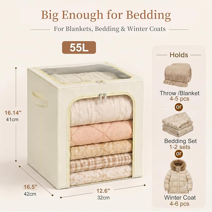 GoMaihe Clothes Storage Bins with Metal Frame, 55L Blanket Storage Boxes for Above Shelf Closet, 4 Pack Stackable Clothing Storage Organizer with Clear Window for Bedding Sweaters Comforters – Beige