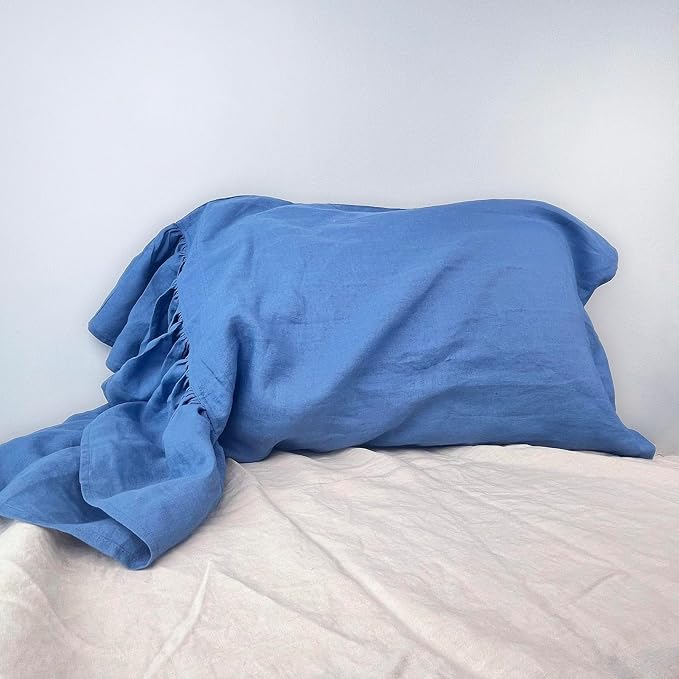 Navy Blue Ruffles Linen Pillowcase, 100% French Linen Pillow Cover, Queen Size 1 Piece Farmhouse Shabby Chic Pillow Case, 20''x30'' Pillowcase with Decorative Ruffle Envelope Closure