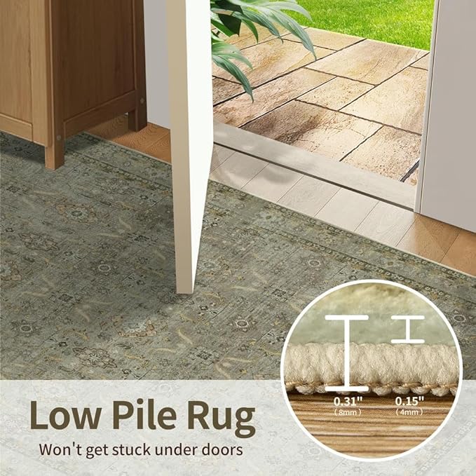 Rugxara 4x6 Rug for Living Room Bedroom, Washable Throw Rugs, Vintage Retro Boho Area Rugs, Non Slip & Low Pile Accent Throw Carpet for Indoor Dining Room, Kids Room and Office(Olive Brown 4x6ft)