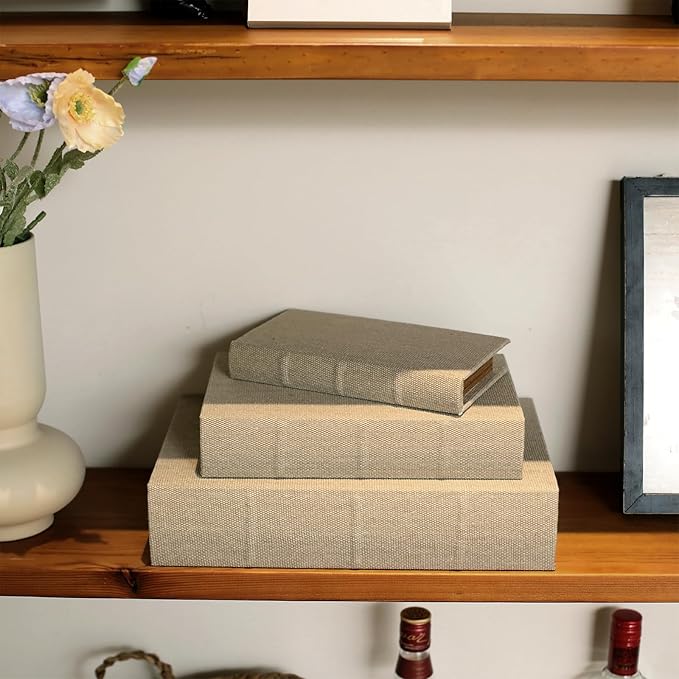 DECOR4SEASON Decorative Book Boxes Set of 3 – Modern Faux Linen & Wood Hidden Storage for Coffee Table – Stackable Fake Books for Shelf Decor, Remote Control & Jewelry Organizer (Warm Taupe)