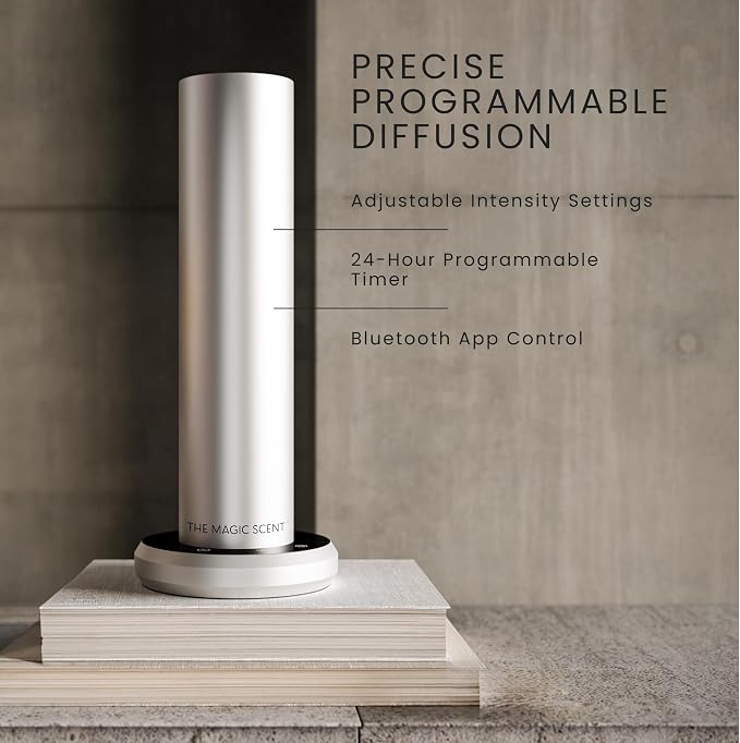 The Magic Scent Bluetooth Diffuser - Smart Ultra-Quiet Cold-Air Waterless Scent Diffuser for Home, Hotel, & Office - Programmable Intensity & Timer - Premium Aroma Oil Included (Silver)