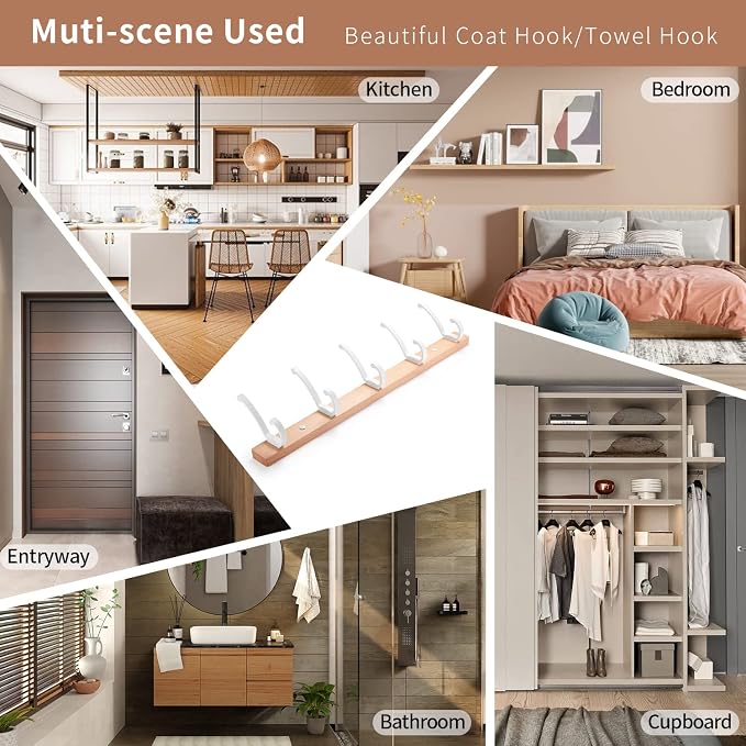 Coat Rack Wall Mounted, Heavy Duty Beech Wood Hook Rack Rail with 5 Double Dual White Metal Wall Hooks for Hanging Coats, 19.7" Long Hanging Coat Hanger for Entryway, Bathroom, Bedroom