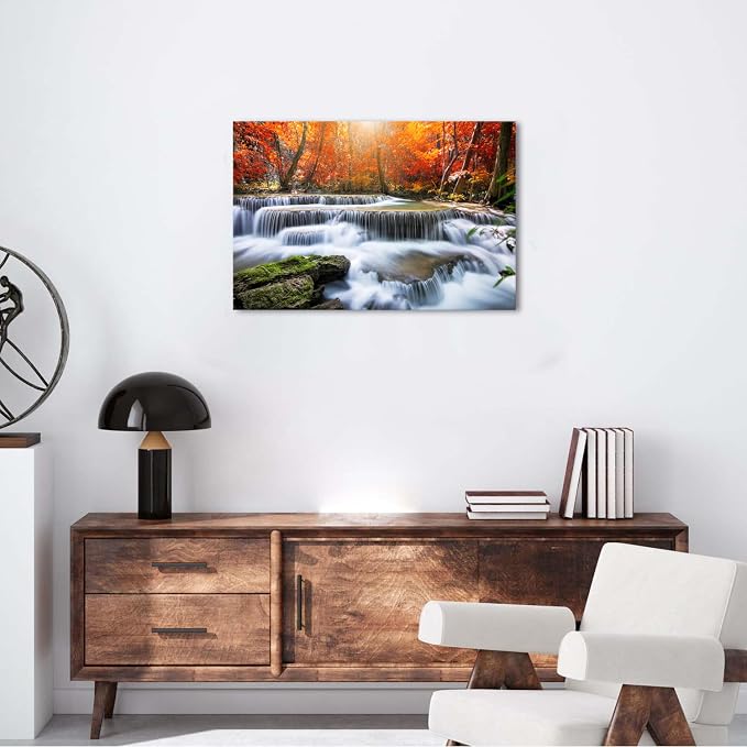 Fall Nature Sunset Wall Art Living Room Waterfall Mountains Picture Bedroom Bathroom Decor Autumn Maple Trees Scenery Canvas Prints Vintage Photography Artwork Modern Home Bathroom Decorations 16x24"