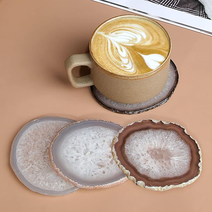 Natural Geode Agate Coaster for Drinks Set of 4 | Natural Stone Coasters 3.5-4", Decorative Gemstone Coasters for Coffee Table, Bar or Desk, Housewarming Gift for Friends