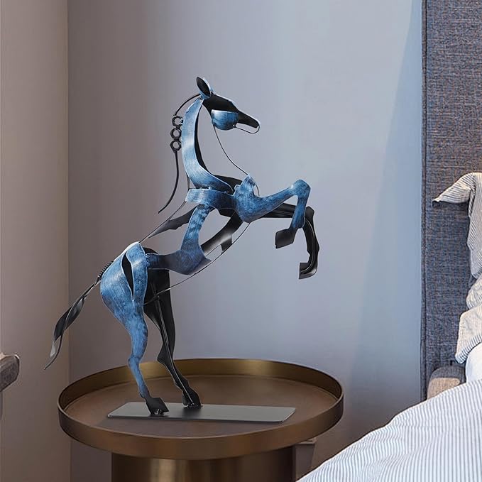 SunBlogs Art Metal Horse Statue Décor, Handmade & Hand-Painted Modern Western Horse Decoration, Rustic Iron Sculpture Gifts for Home Office for Horse Lovers (Blue)