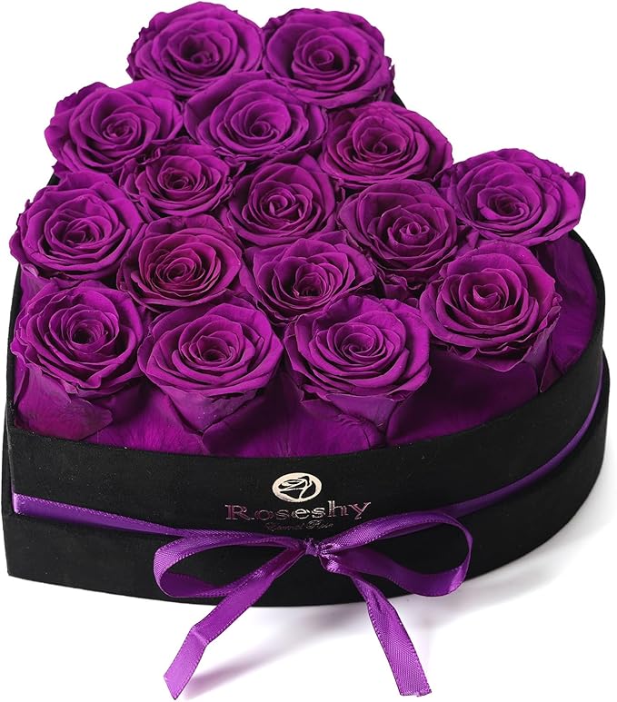 Valentines Day Flowers Roses Gifts for Her,16pcs Purple Forever Preserved Roses in Heart Shape Gift Box,Valentines Day Delivery Prime Gifts-Roses Gifts for Women,Mom.