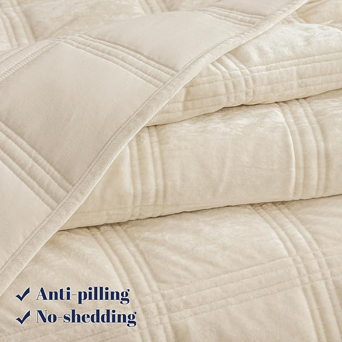 PHF Ultra Soft Velvet Quilt Set King Size – 3PCS Luxurious Cozy Quilted Comforter Alternative with Diamond Pattern, Warm Quilted Bedspread Coverlet, 108" x 92", Sand