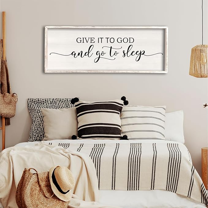 Give It To God And Go To Sleep Sign Wall Decor 32"X12" Master Bedroom Above Bed Large Farmhouse Wall Decor Wood Rustic Framed Over Bed Wall Art Hanging Decoration (White)