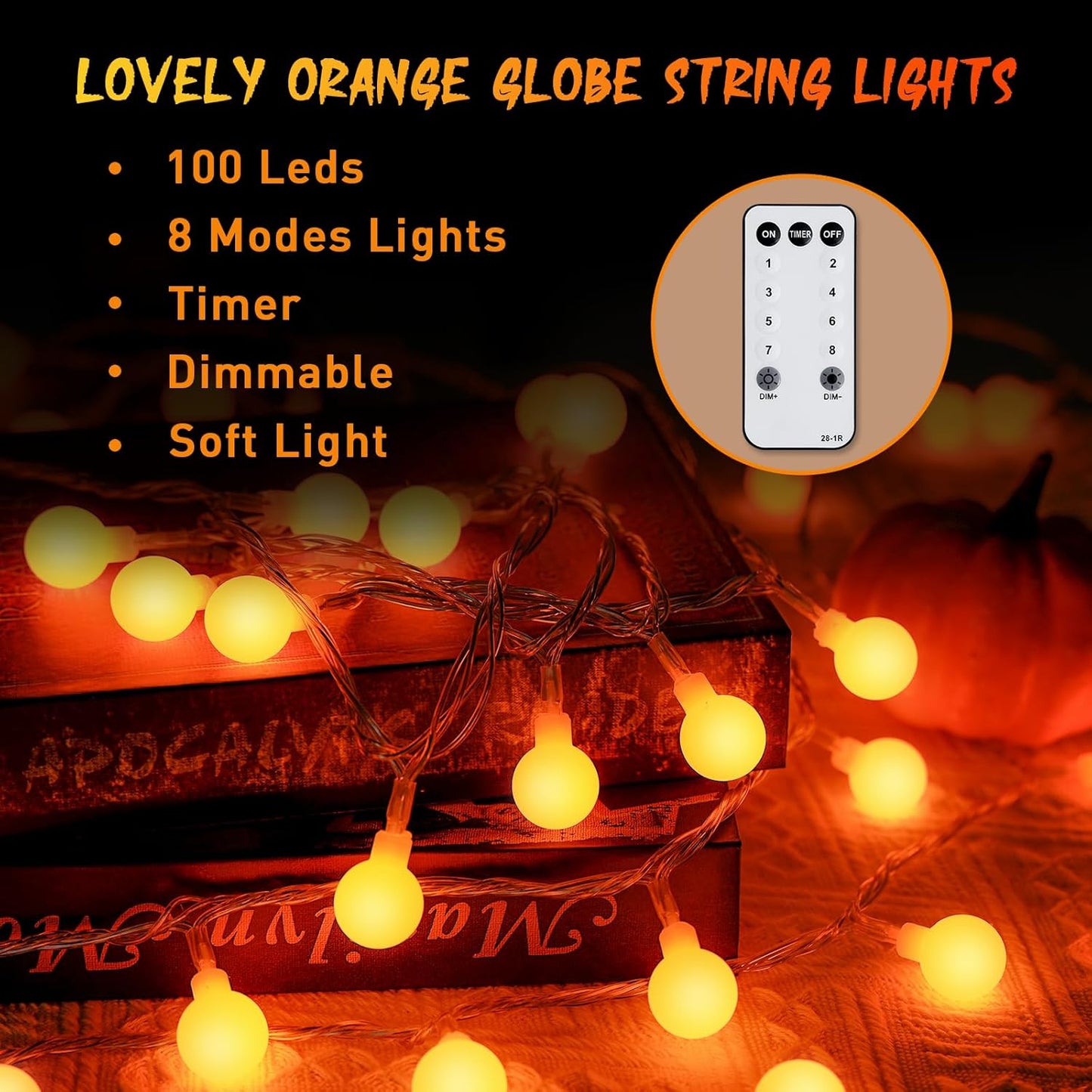 JMEXSUSS Orange String Lights Indoor, Connectable 100 LED Globe String Lights Plug in with Remote, 33ft 8 Modes Orange Halloween Lights Outdoor for Bedroom Thanksgiving Party Halloween Decor