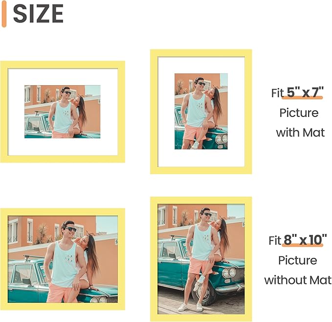 upsimples 8x10 Picture Frame, Display Pictures 5x7 with Mat or 8 x 10 Without, Wall Hanging Photo Frames, Yellow, 1 Pack
