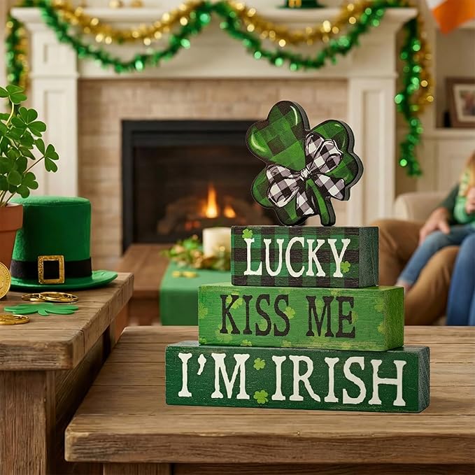 Smile St.Patrick's Day Wooden Block Decor Set of 4 Shamrock & "LUCKY KISS ME I'M IRISH", Tabletop Shelf Lucky Holiday Decoration